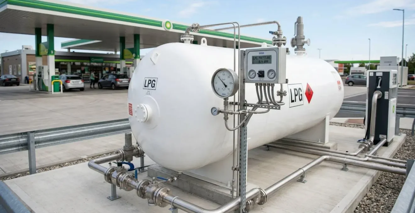 Citerne GPL de stockage en acier blanc installée en arrière-plan d'une station-service, avec tuyauterie visible et système de jauge connectée
