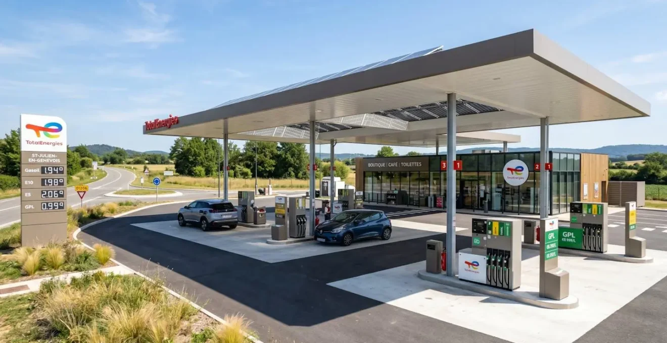 Vue d'ensemble d'une station-service française contemporaine avec plusieurs îlots de distribution dont une pompe GPL identifiable à sa signalétique verte, sous un ciel lumineux de jour