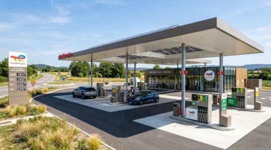 Vue d'ensemble d'une station-service française contemporaine avec plusieurs îlots de distribution dont une pompe GPL identifiable à sa signalétique verte, sous un ciel lumineux de jour